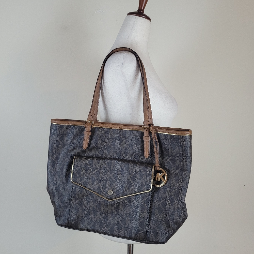 Michael Kors Tote Bag Large Brown Lego Signature Jet Set Travel Shoulder